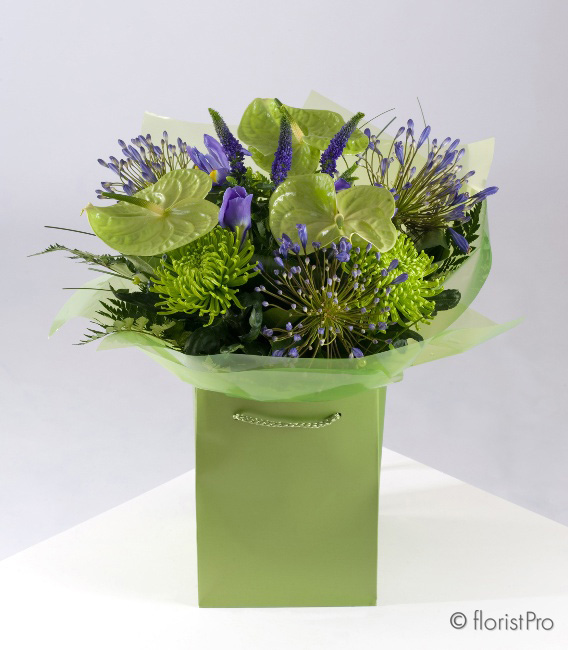 anthurium, lime green, purple, handtie, bouquet,