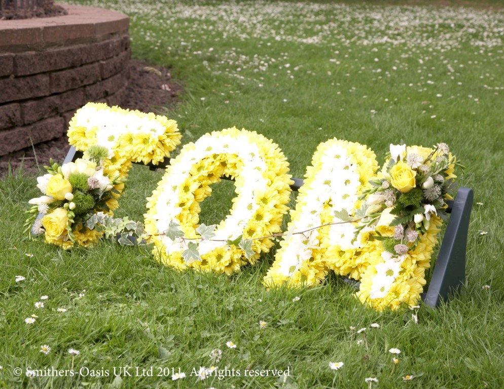 Letters, words, two, colour, white, pink, yellow, Funeral, tribute, wreath, flowers, Biggin Hill, Westerham, Orpington, Bromley, Sevenoaks, Florist 