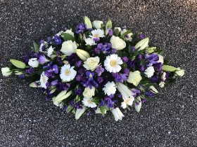 Purple, white, funeral, oasis, spray, wreath, flowers, florist, delivery 