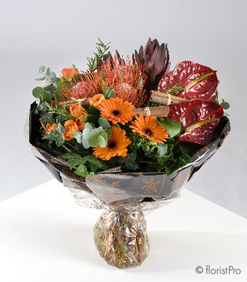 orange, red, gerbera, anthurium, rose, handtie, bouquet, www.thegravesendflorist.co.uk