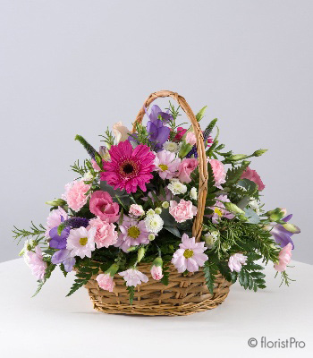 pink, purple, gerbera, freesia, basket, arrangement