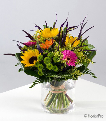 bright, vibrant, sunflower, handtie, bouquet