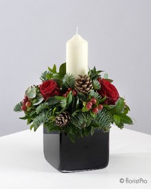 Red, candle, flower, Christmas, festive, table, arrangement, florist, delivery 