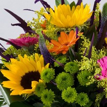 bright, vibrant, sunflower, handtie, bouquet