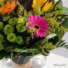 bright, vibrant, sunflower, handtie, bouquet