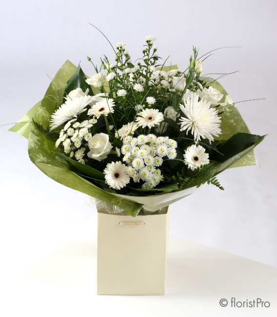 white, rose, gerbera, chrysanthemum, handtie, gift, bouquet,