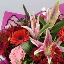 red, pink, rose, lily, gerbera, handtie, bouquet,