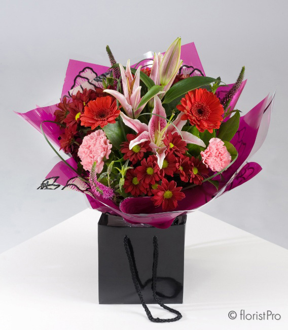 red, pink, rose, lily, gerbera, handtie, bouquet,