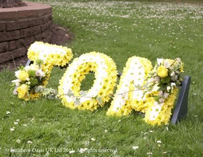 Letters, words, two, colour, white, pink, yellow, Funeral, tribute, wreath, flowers, Biggin Hill, Westerham, Orpington, Bromley, Sevenoaks, Florist 