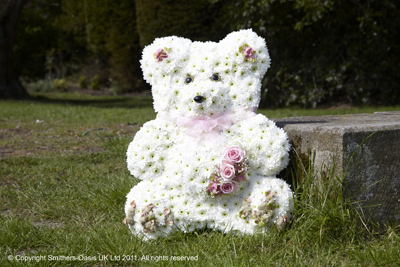 Teddy, bear, me to you, white, pink, blue, silver, grey, tan, brown, Funeral, tribute, wreath, flowers, Biggin Hill, Westerham, Orpington, Bromley, Sevenoaks, Florist 