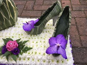 Handbag, shoes, orchid, glam, bling, Funeral, tribute, wreath, flowers, Biggin Hill, Westerham, Orpington, Bromley, Sevenoaks, Florist 