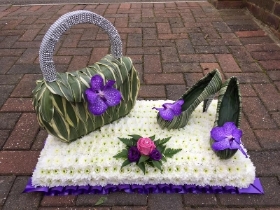 Handbag, shoes, orchid, glam, bling, Funeral, tribute, wreath, flowers, Biggin Hill, Westerham, Orpington, Bromley, Sevenoaks, Florist 