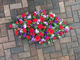 Red, purple, rose, lisianthus, coffin, casket, spray, Funeral, tribute, wreath, flowers, Biggin Hill, Westerham, Orpington, Bromley, Sevenoaks, Florist 