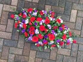 Red, purple, rose, lisianthus, coffin, casket, spray, Funeral, tribute, wreath, flowers, Biggin Hill, Westerham, Orpington, Bromley, Sevenoaks, Florist 