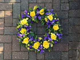 Purple, blue, yellow, wreath, funeral, tribute, flowers, Biggin Hill, Westerham, Sevenoaks, Bromley, Orpington, delivery