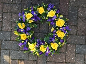 Purple, blue, yellow, wreath, funeral, tribute, flowers, Biggin Hill, Westerham, Sevenoaks, Bromley, Orpington, delivery