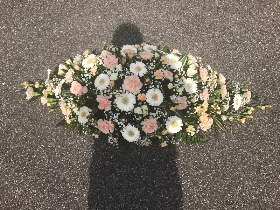 Peach, cream, white, gerbera, carnation, coffin, casket, spray, Funeral, tribute, wreath, flowers, Biggin Hill, Westerham, Orpington, Bromley, Sevenoaks, Florist 