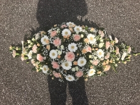 Peach, cream, white, gerbera, carnation, coffin, casket, spray, Funeral, tribute, wreath, flowers, Biggin Hill, Westerham, Orpington, Bromley, Sevenoaks, Florist 