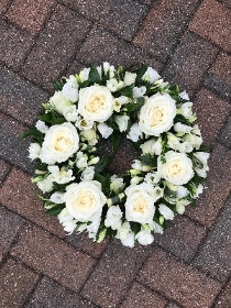White, rose, lisianthus, freesia, wreath, funeral, flowers, tribute, Florist, Kent
