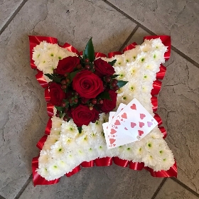 Cushion, playing, cards, ace, hearts, poker, Funeral, tribute, wreath, flowers, Biggin Hill, Westerham, Orpington, Bromley, Sevenoaks, Florist 