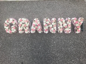 Granny, gran, grandma, letters, word, Pink, Funeral, tribute, wreath, flowers, Biggin Hill, Westerham, Orpington, Bromley, Sevenoaks, Florist 