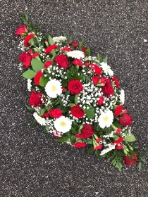 Red, white, funeral, spray, oasis, wreath, flowers, florist, delivery 