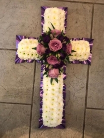 Purple, lilac, white, funeral, cross, tribute, wreath, Biggin Hill, florist, delivery 