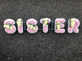 Sister, big, little, sis, letter, word, white, Funeral, tribute, wreath, flowers, Biggin Hill, Westerham, Orpington, Bromley, Sevenoaks, Florist he