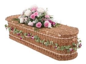 Wicker, coffin, garland, foliage, gypsophila, rose, Pink, white, Funeral, tribute, wreath, flowers, Biggin Hill, Westerham, Orpington, Bromley, Sevenoaks, Florist 