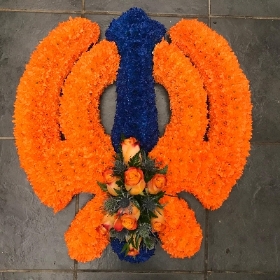 Sikh, khanda, orange, blue, religious, white, symbol, Funeral, tribute, wreath, flowers, Biggin Hill, Westerham, Orpington, Bromley, Sevenoaks, Florist 