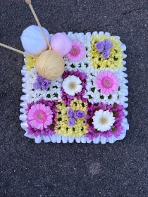 Patchwork, quilt, blanket, knitted, knitting, crochet, squares, wool, funeral, tribute, flowers, wreath, delivery, Biggin Hill, Westerham, Bromley, Orpington, Sevenoaks 
